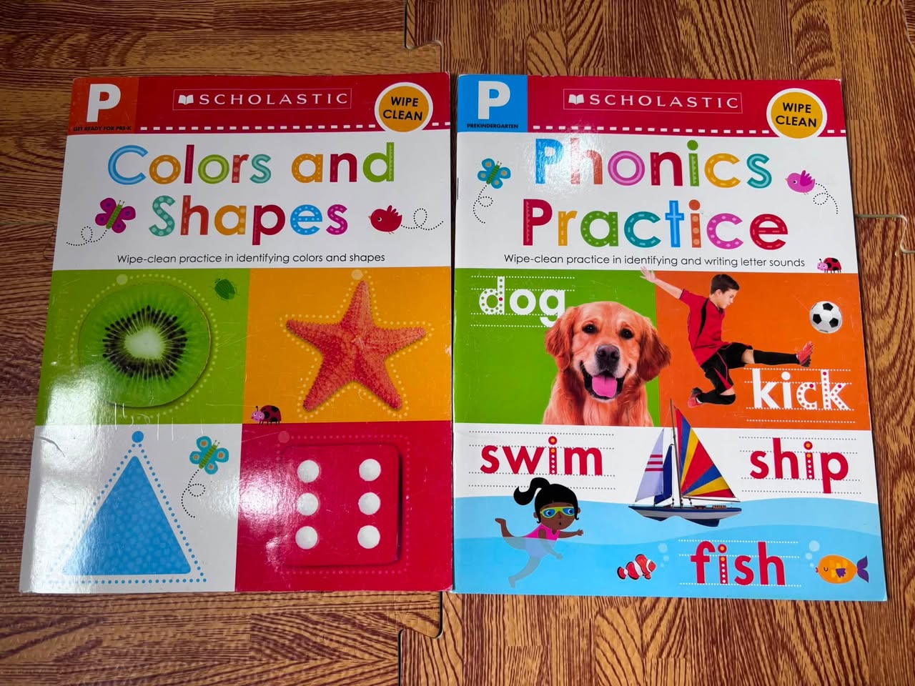 Bộ 2 cuốn Scholastic Wipe Clean: Colors & Shapes + Phonics Practice